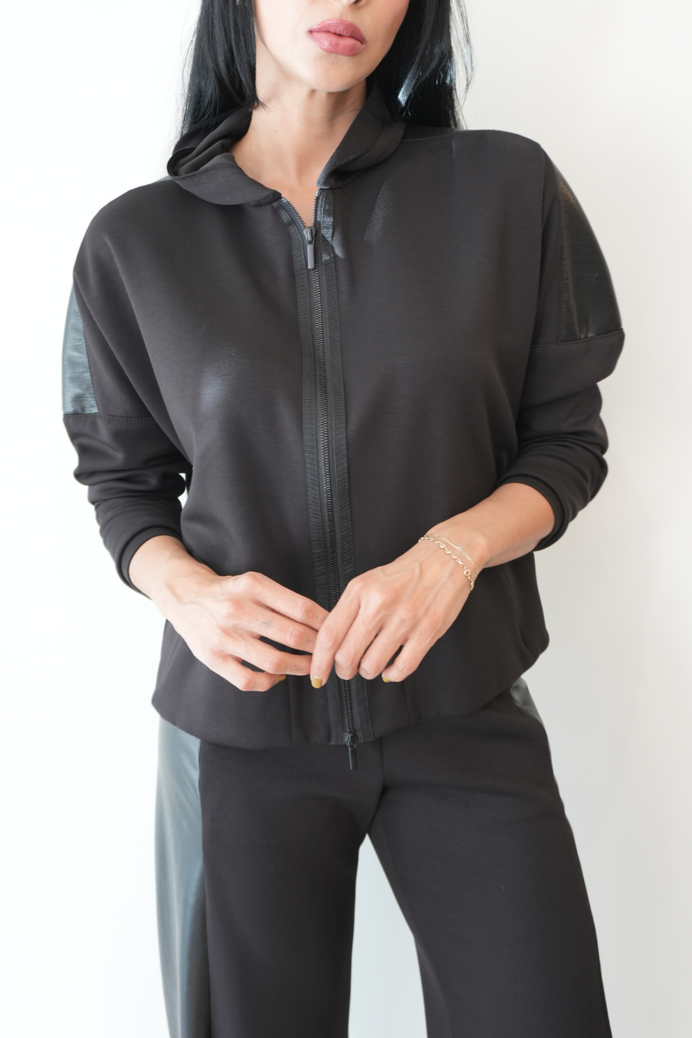 Faux Leather Contrast Zip-Up Jacket