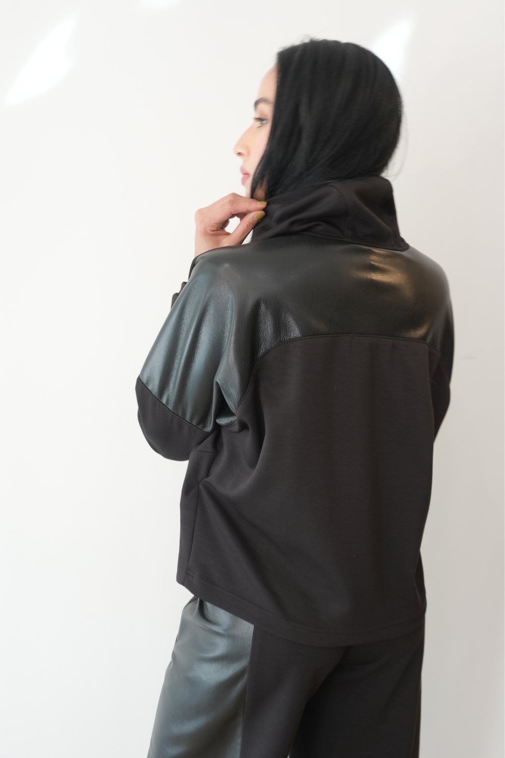 Faux Leather Contrast Zip-Up Jacket