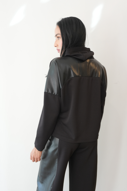 Faux Leather Contrast Zip-Up Jacket