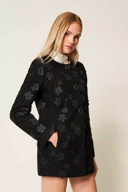 Bouclé Coat with Flowers