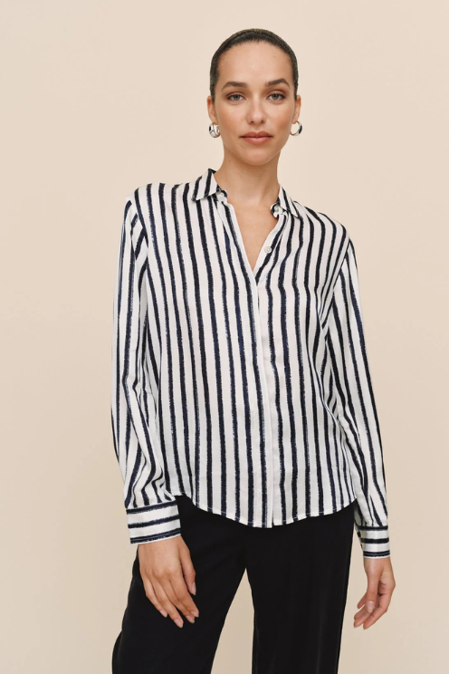 High Low Hem Shirt - Indigo Ink Stripe