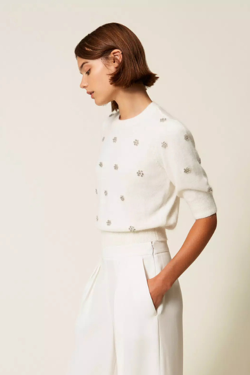 Angora Blend Jumper with Rhinestone Flowers