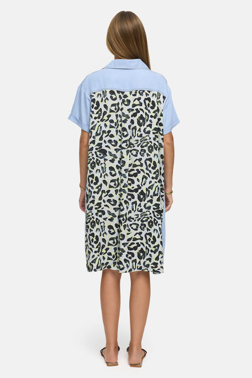 Mixed Print Denim Shirt Dress