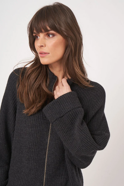 Wool Knitted Cardigan in Dark Grey
