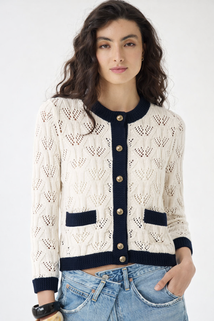 Contrast Trim Pointelle Cardigan