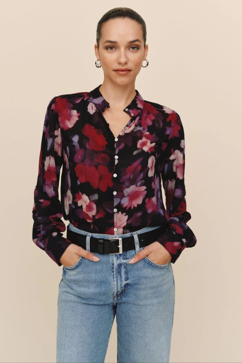 Shirred Button Up Blouse - Berry Bloom Print