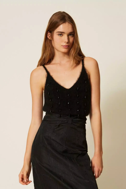 Brushed Wool Blend Top with Embroidery