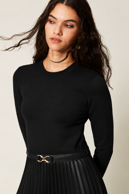 Knit Dress with Leather Skirt
