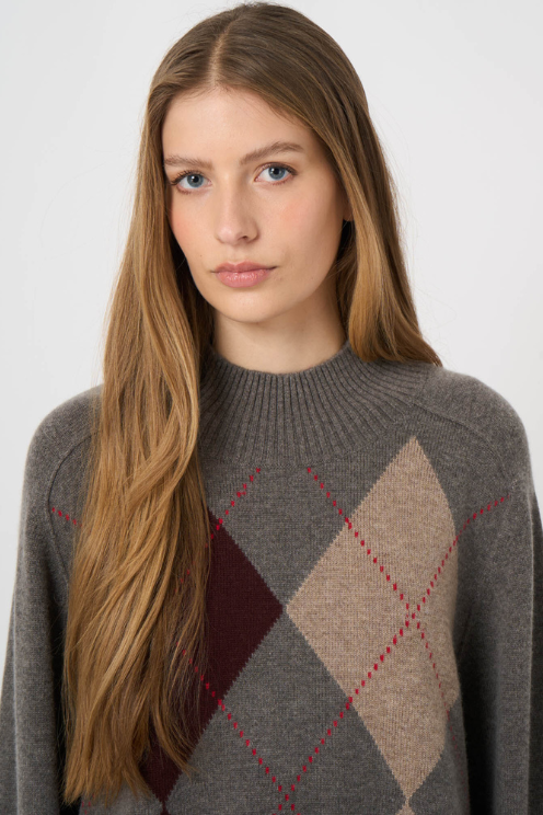 Wool-Cashmere Argyle Intarsia Sweater with Stand Collar