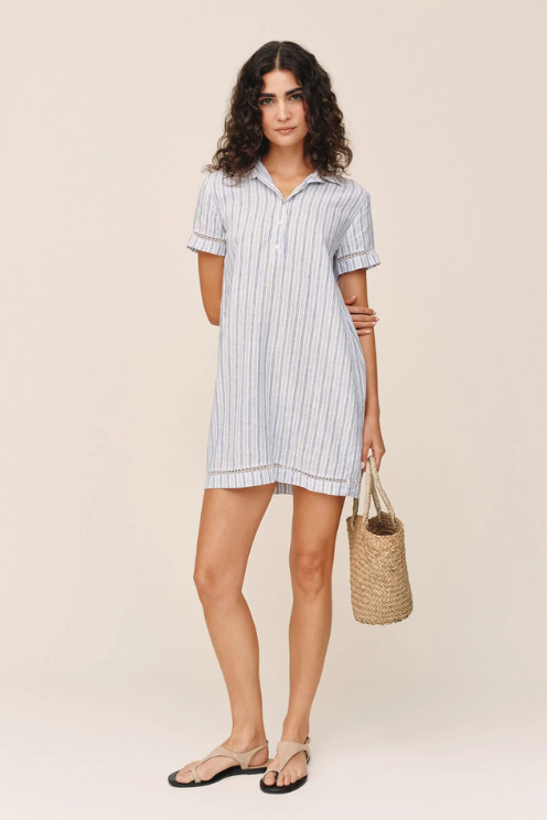 Short Sleeve Pullover Shirt Dress - Ocean Blue Stripes