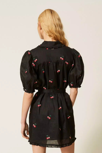 Cherry Embroidered Ramie Dress