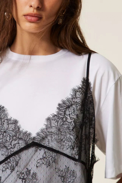 Crew Neck Tee with Lace Cami