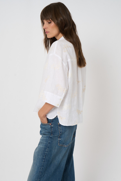 Tonal Embroidered Linen Blouse