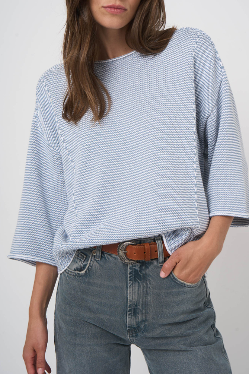 Tonal Striped Cotton Boat Neck Sweater