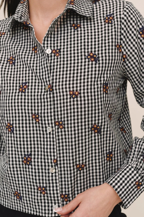 Long Sleeve Crop Button Down - Micro Floral Gingham