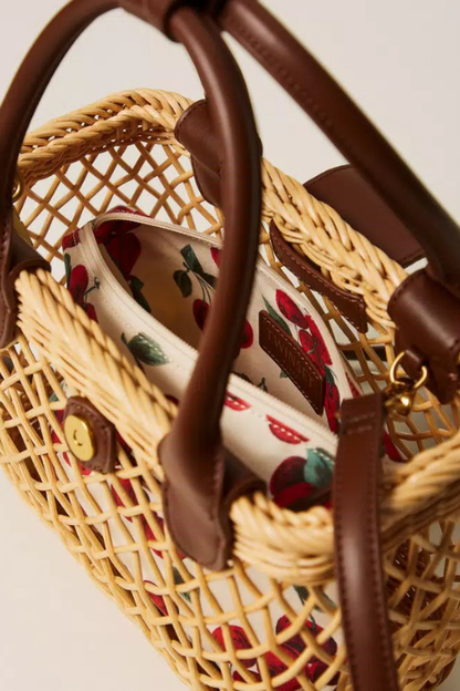 Wicker Shoulder Bag with Cherry Print