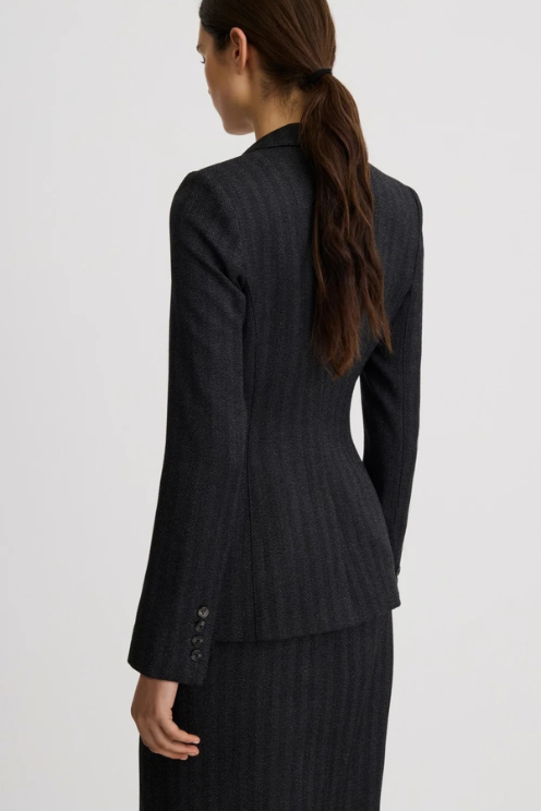 Longline Peaked Lapel Blazer - Slate Herringbone