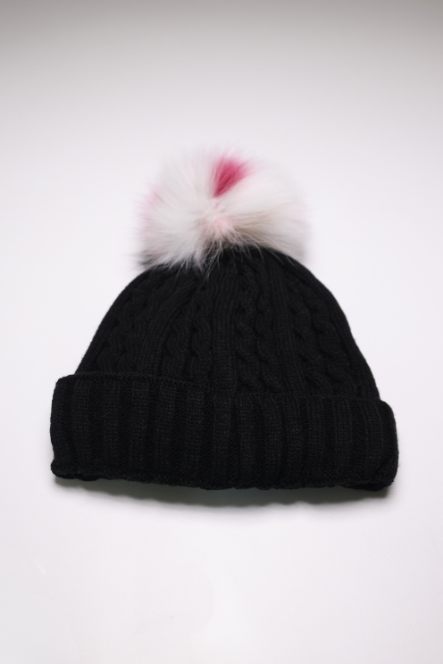 Black Knit Hat with Rainbow Fox Pom