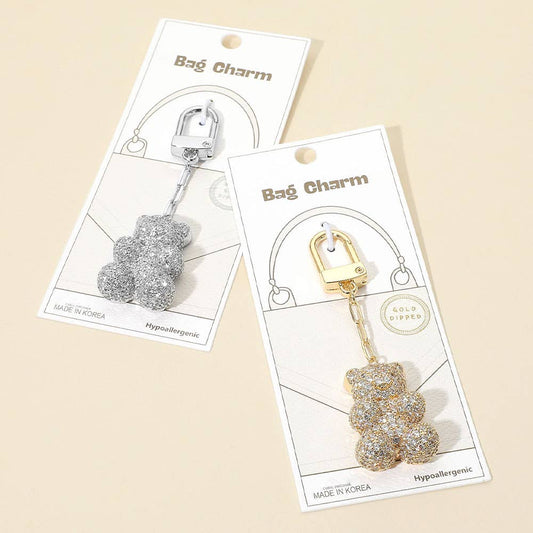 Gold Dipped CZ Stone Paved Teddy Bear Drop Keychain / Bag Charm