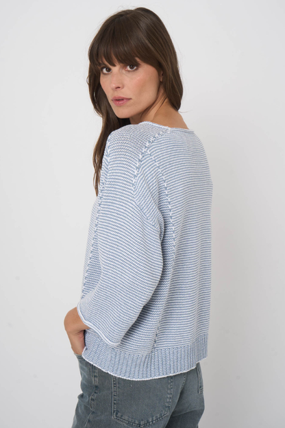 Tonal Striped Cotton Boat Neck Sweater