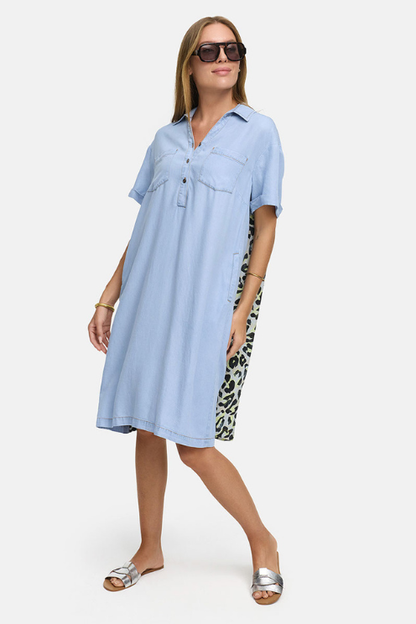 Mixed Print Denim Shirt Dress