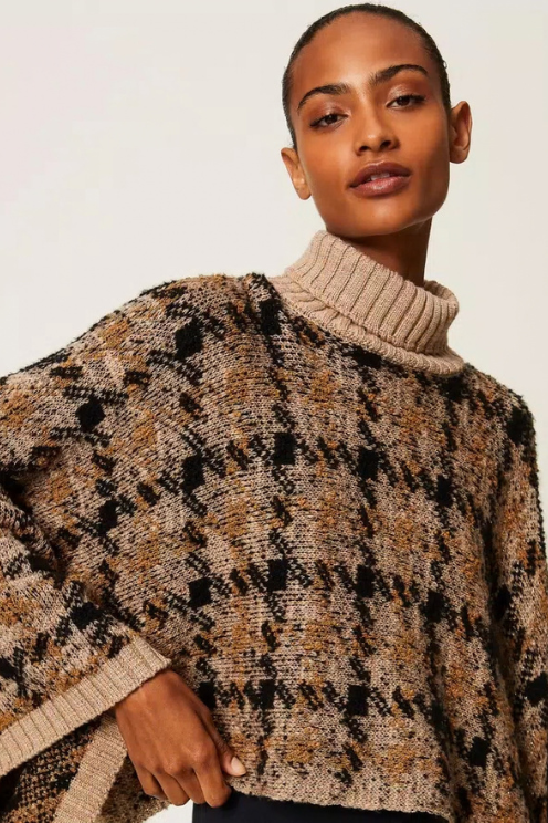 Check Jacquard Knit Cape
