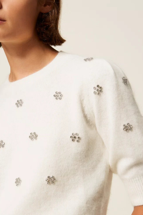 Angora Blend Jumper with Rhinestone Flowers