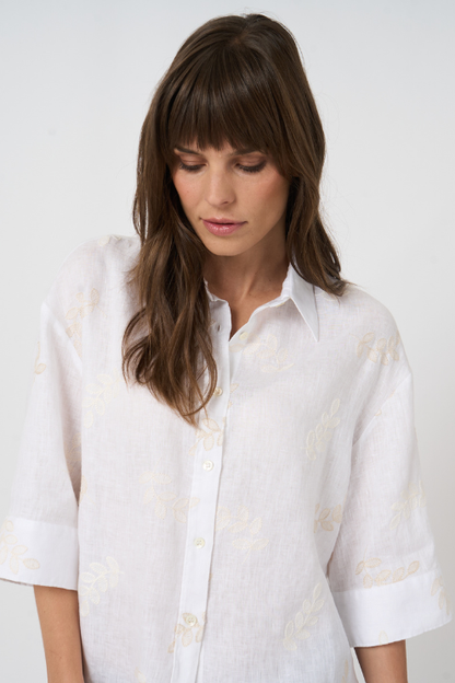 Tonal Embroidered Linen Blouse