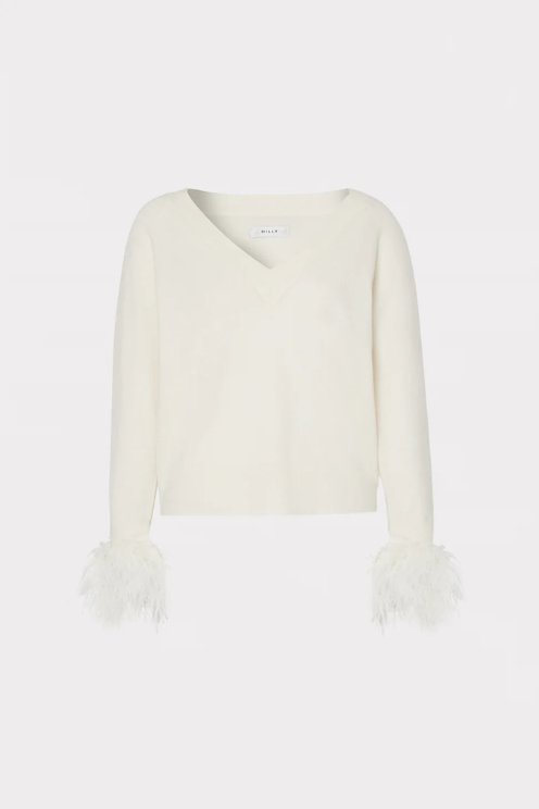 Feather Cuff V-Neck Sweater