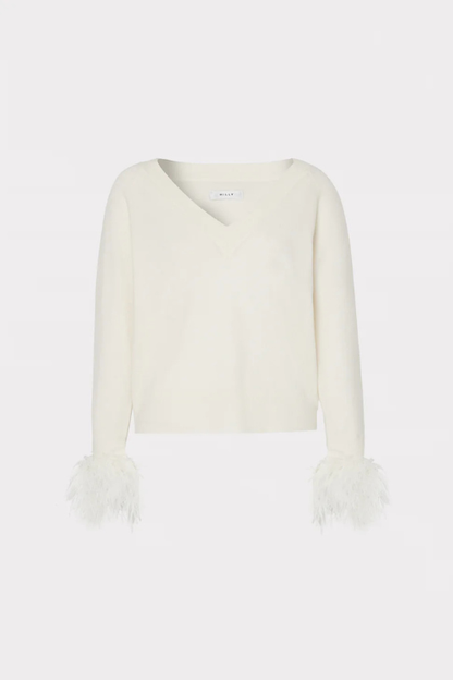 Feather Cuff V-Neck Sweater