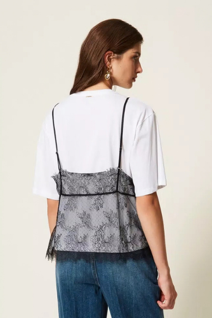 Crew Neck Tee with Lace Cami