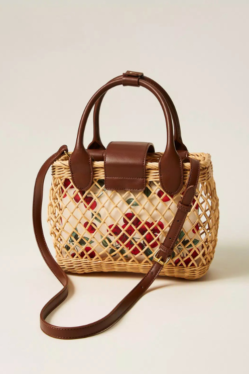 Wicker Shoulder Bag with Cherry Print