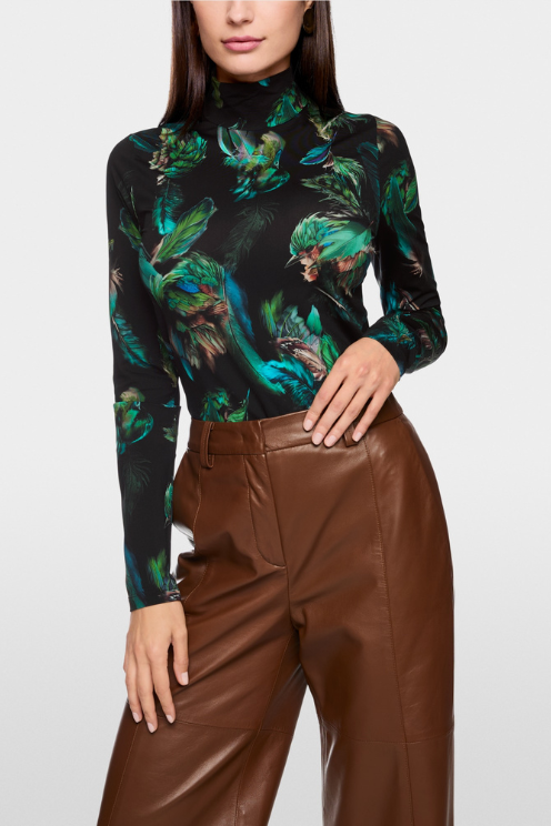 Stretch Feather Print Turtleneck