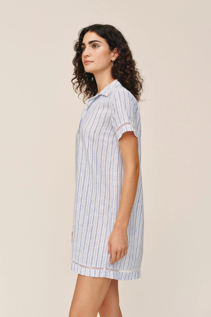 Short Sleeve Pullover Shirt Dress - Ocean Blue Stripes