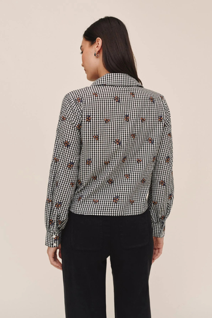 Long Sleeve Crop Button Down - Micro Floral Gingham