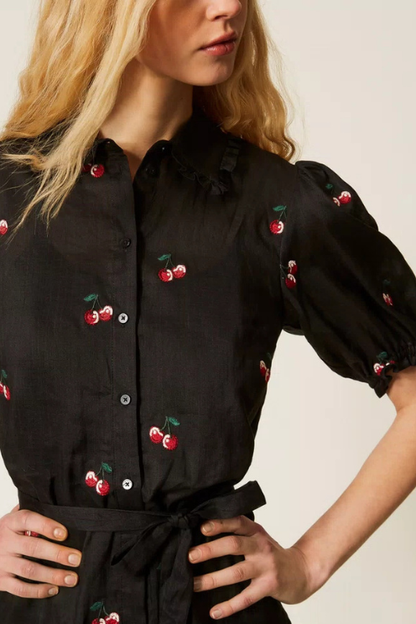 Cherry Embroidered Ramie Dress