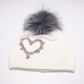 White Crystal Heart Hat with Fox Fur Pom Pom