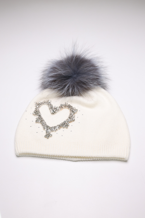 White Crystal Heart Hat with Fox Fur Pom Pom
