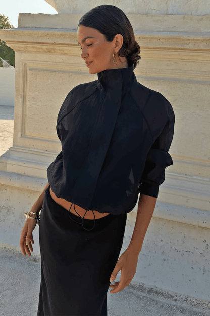 Black Organza Funnel Neck Jacket