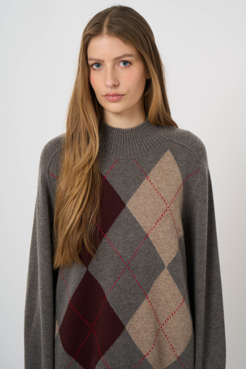 Wool-Cashmere Argyle Intarsia Sweater with Stand Collar