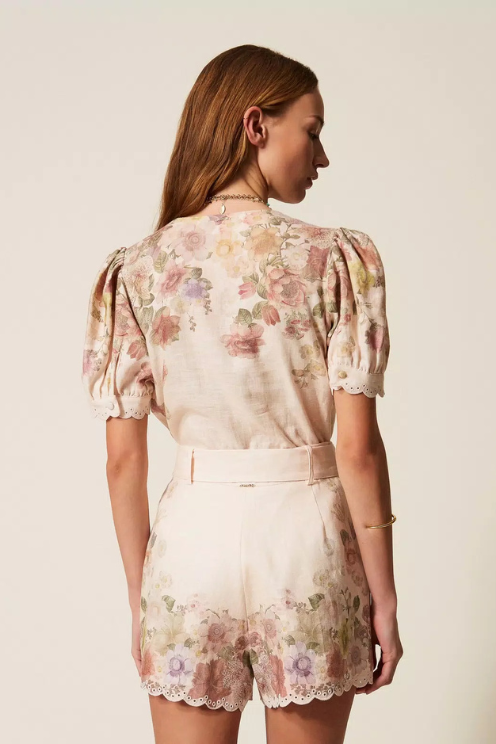 Linen Floral Embroidered Shorts
