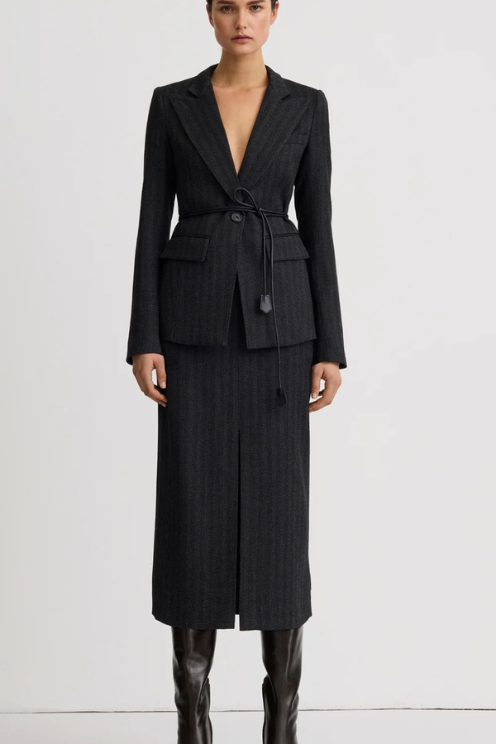 Longline Peaked Lapel Blazer - Slate Herringbone