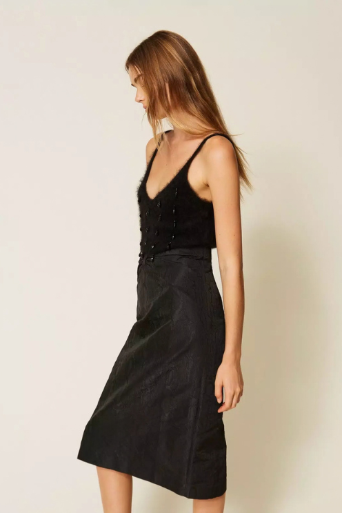 Brushed Wool Blend Top with Embroidery