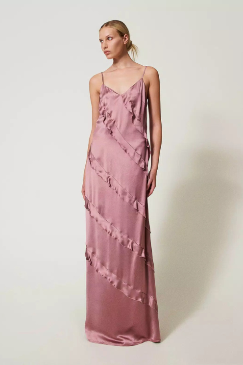 Twinset Long Satin Dress with Ruffles
