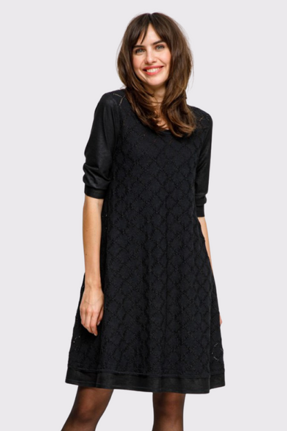 Textured Dress with Faux Leather Sleeves