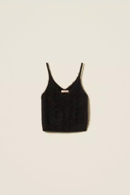 Brushed Wool Blend Top with Embroidery