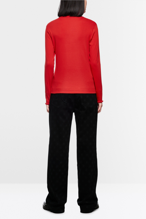 Fine Ribbed Ruffle Sleeve Turtleneck