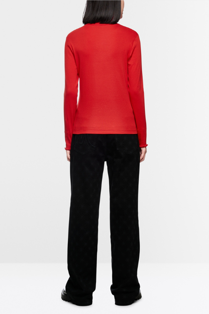 Fine Ribbed Ruffle Sleeve Turtleneck