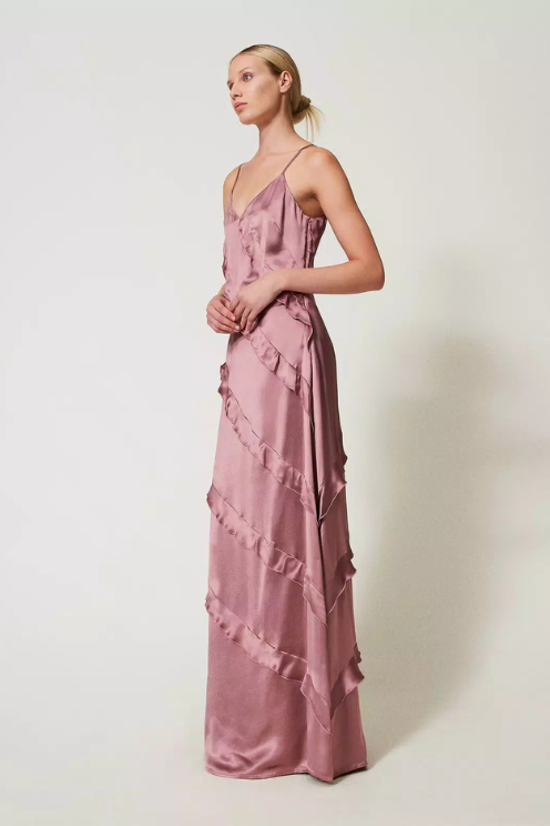 Twinset Long Satin Dress with Ruffles