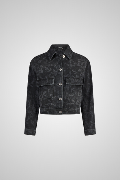 Cropped Floral Jacquard Denim Jacket